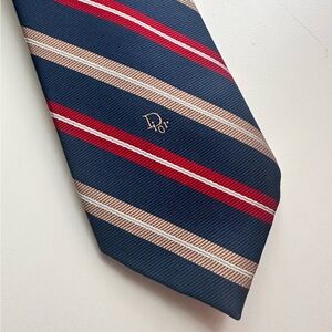 VTG Christian Dior Neck Tie Red Blue Striped Classic Print Logo USA Preppy FLAW